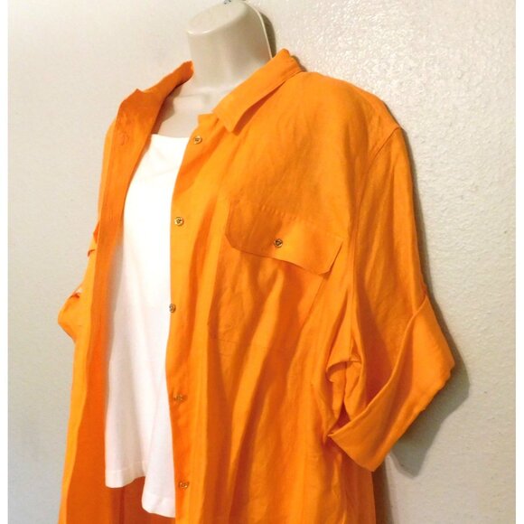 Ralph Lauren Exclusive Shirt 3X Orange Adj Long Sleeve Gold Buttons Pockets - Picture 2 of 8